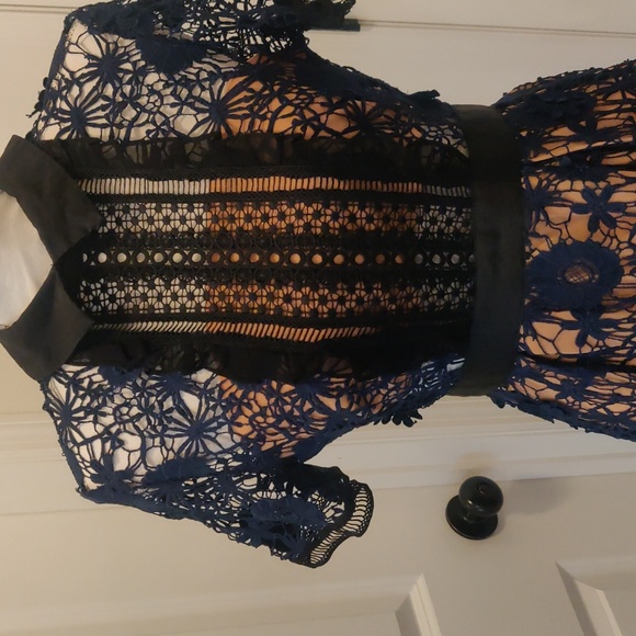 Few Moda NY hollow transparent cotton Elegant Navy Lace Black Trim Midi Dress - Picture 4 of 14